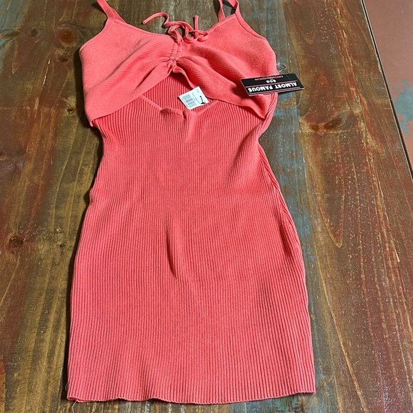 Almost Famous Dresses & Skirts - Coral knit Ribbed Bodycon Dress with peekaboo women’s Large NWT